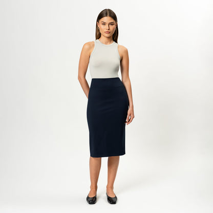 Ninepine Asana Midi Skirt High-Waisted Pencil Silhouette Navy