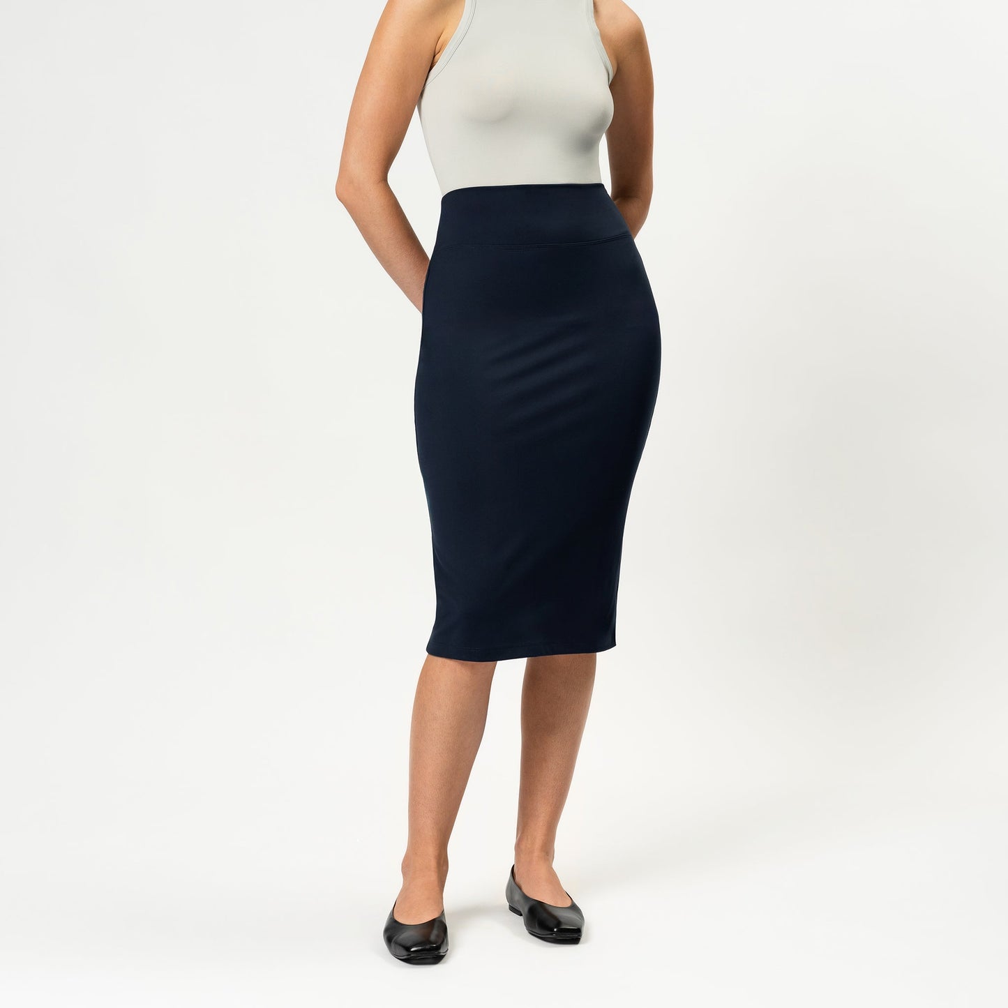 Ninepine Asana Midi Skirt High-Waisted Pencil Silhouette Navy