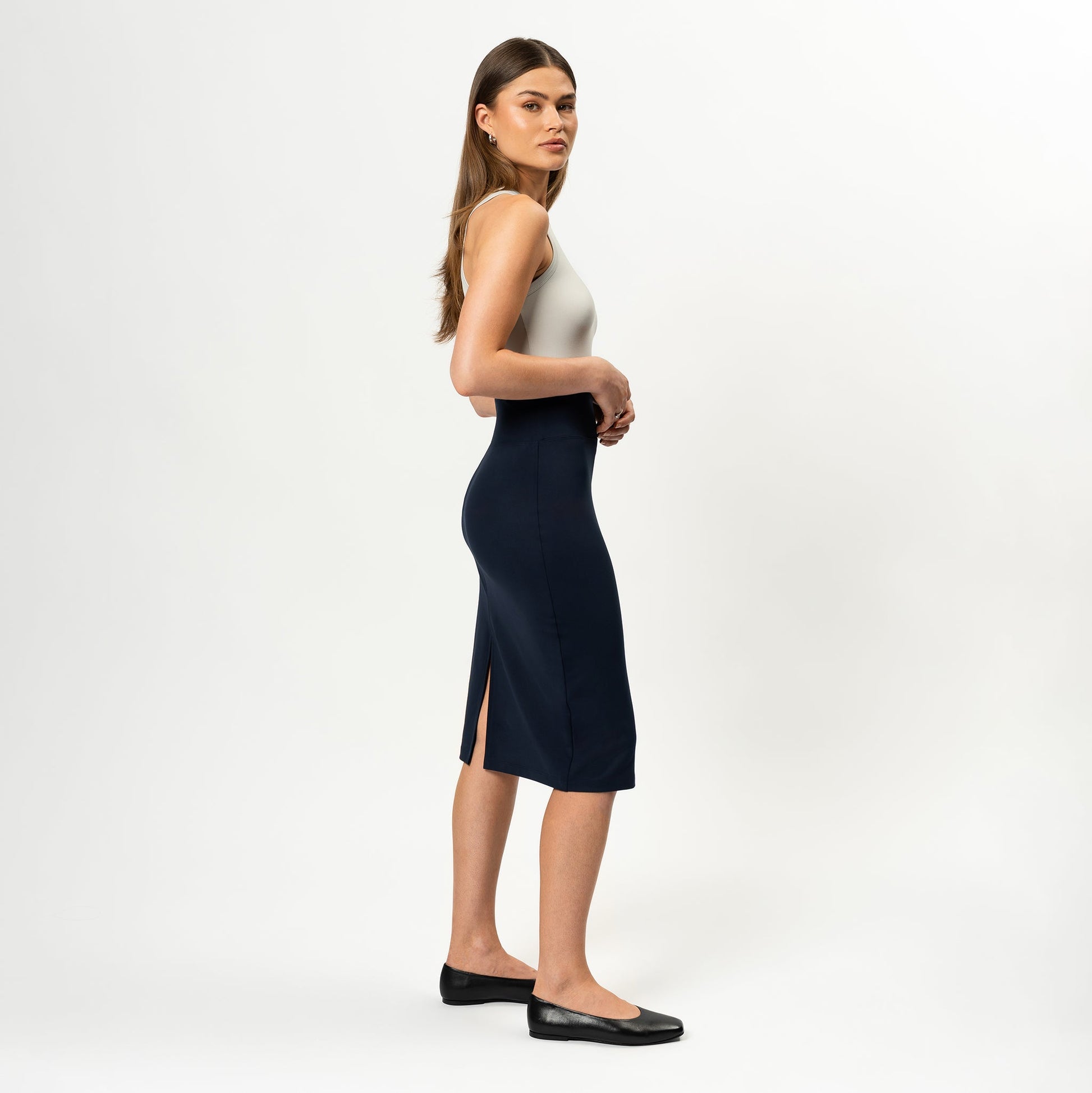 Ninepine Asana Midi Skirt High-Waisted Pencil Silhouette Navy