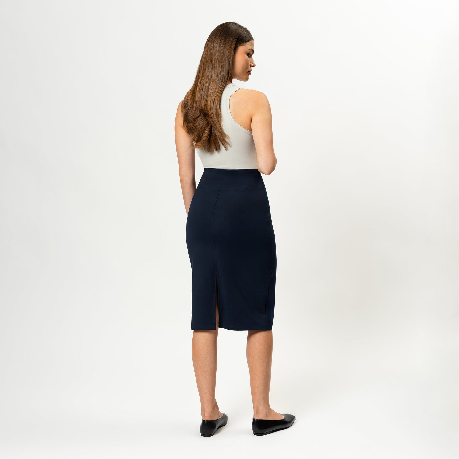 Ninepine Asana Midi Skirt High-Waisted Pencil Silhouette Navy