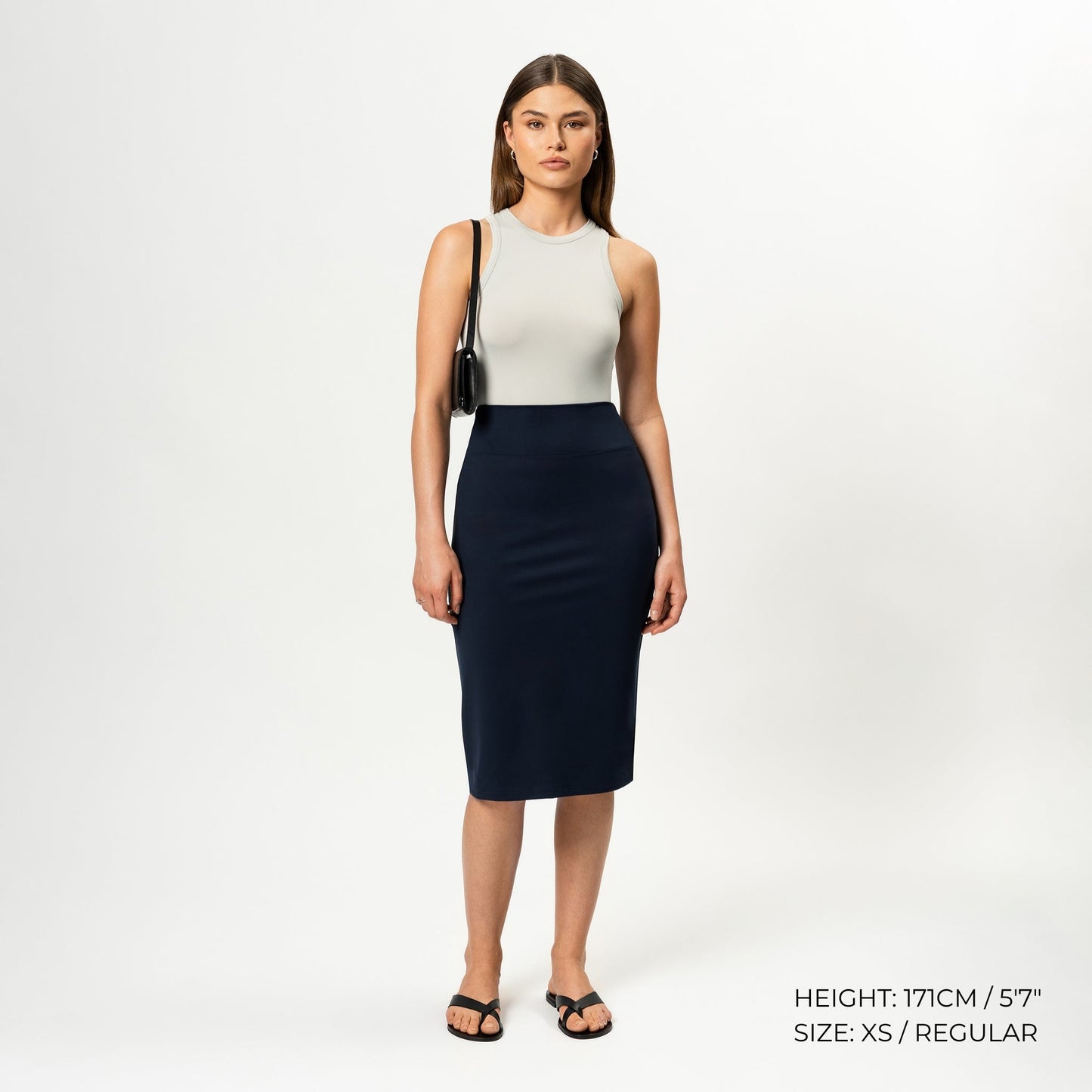 Ninepine Asana Midi Skirt High-Waisted Pencil Silhouette Navy