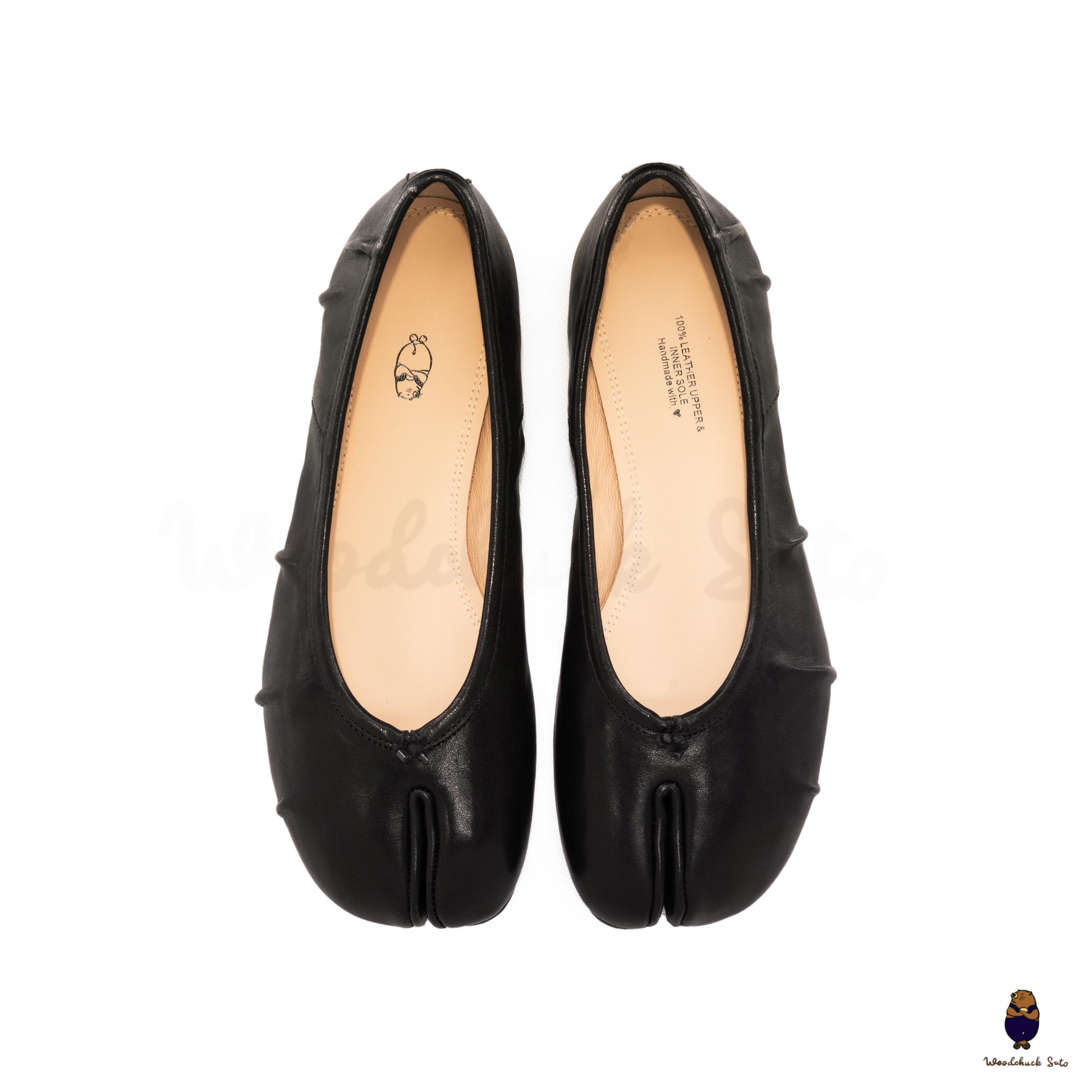 Top View of Classic Black Leather Split-Toe Tabi Fold Ballet Ballerina Flats