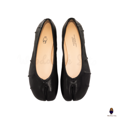 Top View of Classic Black Leather Split-Toe Tabi Fold Ballet Ballerina Flats