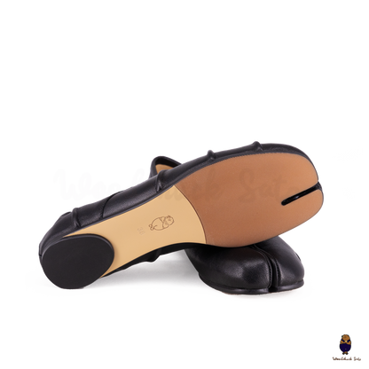 Black Leather Split-Toe Tabi Fold Ballerina Flats