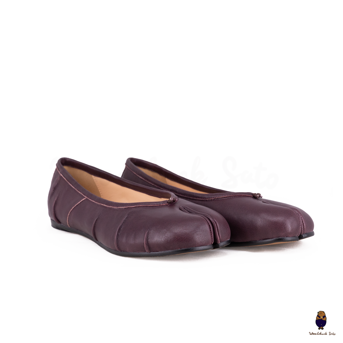 Burgundy Leather Split-Toe Tabi Fold Ballet Ballerina Flats