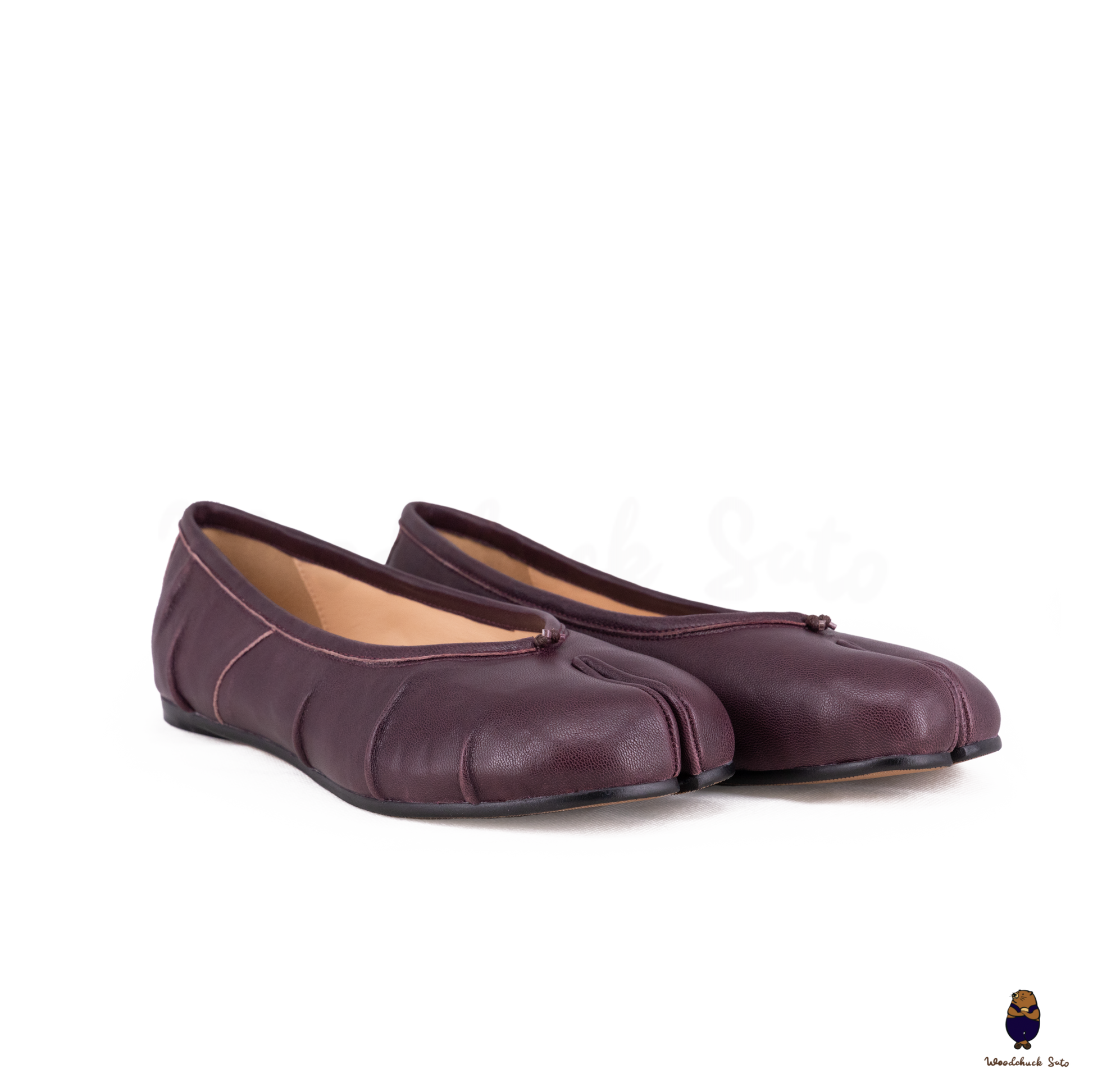 Burgundy Leather Split-Toe Tabi Fold Ballet Ballerina Flats