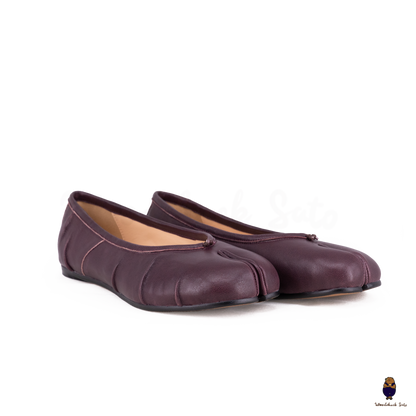 Burgundy Leather Split-Toe Tabi Fold Ballet Ballerina Flats