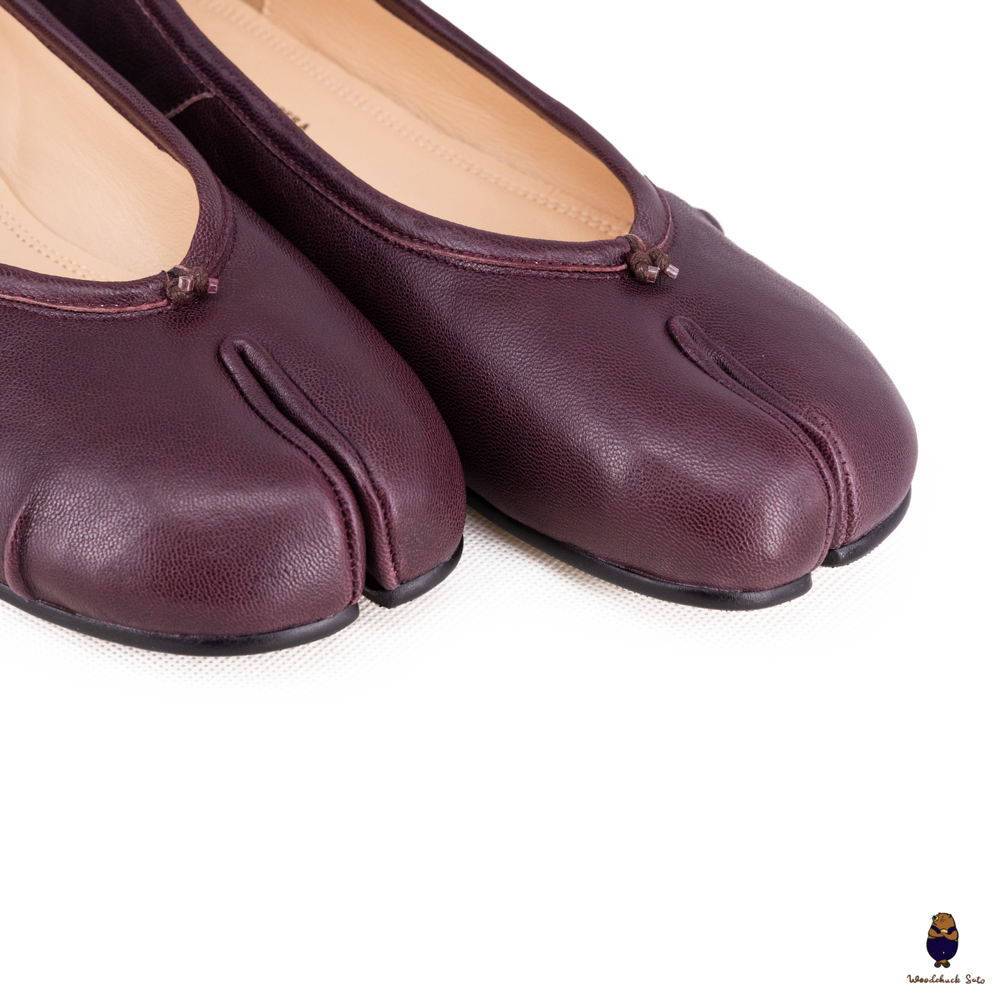 Front details of Burgundy Leather Split-Toe Tabi Fold Ballet Ballerina Flats