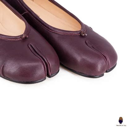 Front details of Burgundy Leather Split-Toe Tabi Fold Ballet Ballerina Flats