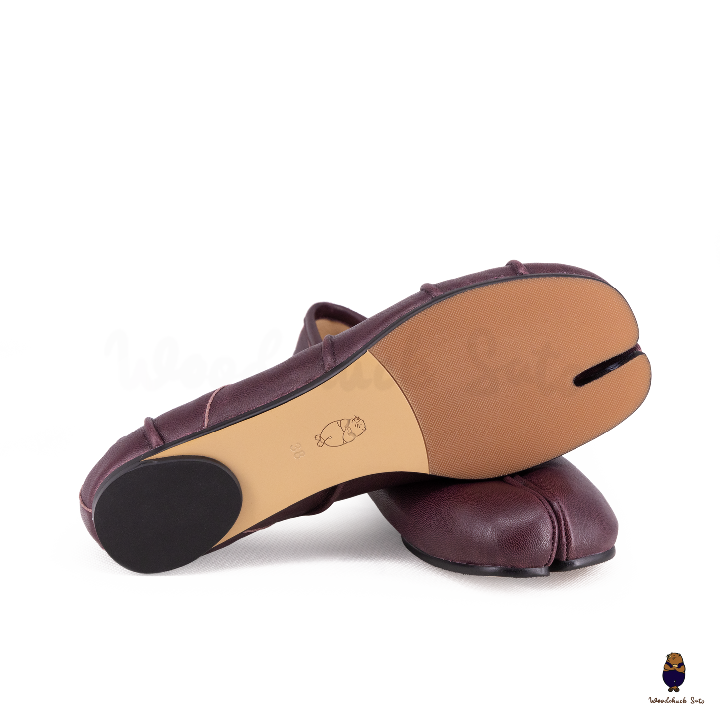 Bottom view of Burgundy Leather Split-Toe Tabi Fold Ballet Ballerina Flats