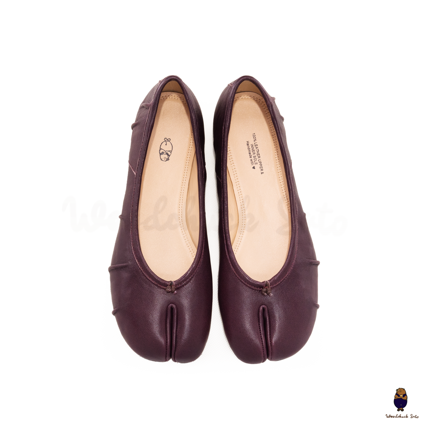 Front view of Burgundy Leather Split-Toe Tabi Fold Ballet Ballerina Flats