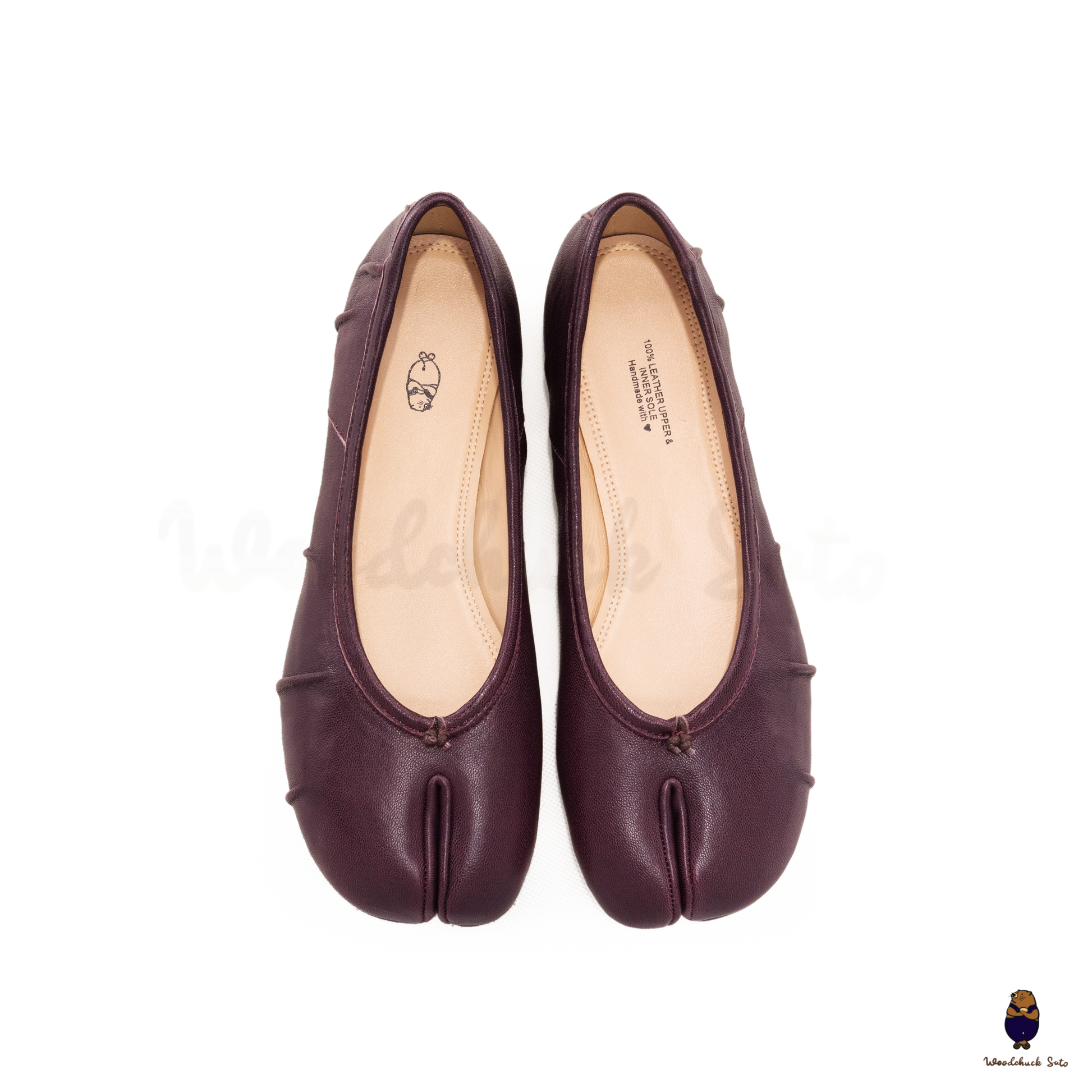 Front view of Burgundy Leather Split-Toe Tabi Fold Ballet Ballerina Flats