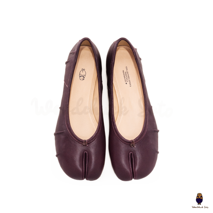 Front view of Burgundy Leather Split-Toe Tabi Fold Ballet Ballerina Flats