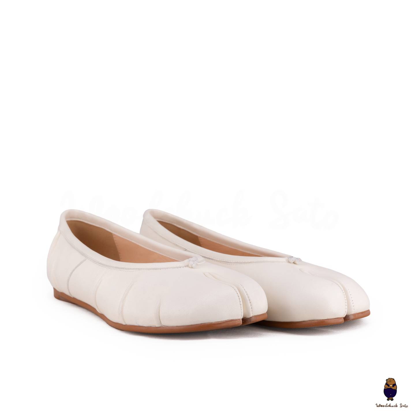 White Leather Split-Toe Tabi Fold Ballerina Ballet Flats