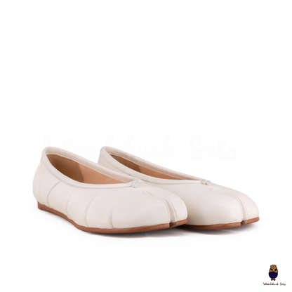 White Leather Split-Toe Tabi Fold Ballerina Ballet Flats