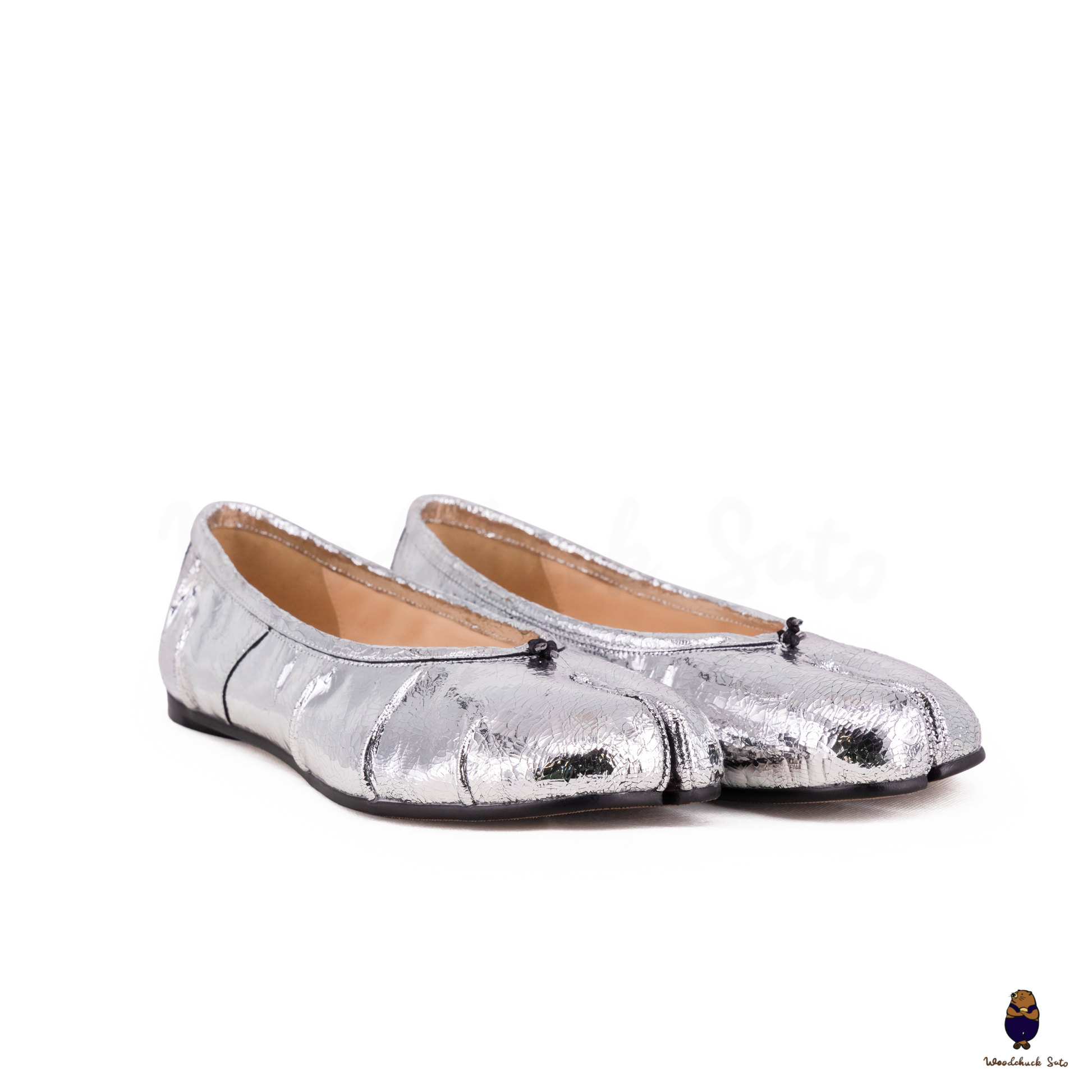 Classic Cracked Silver Fold Leather Tabi Split Toe Ballerina Ballet Flats