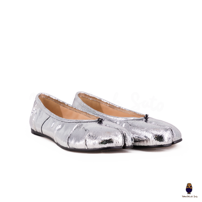 Classic Cracked Silver Fold Leather Tabi Split Toe Ballerina Ballet Flats