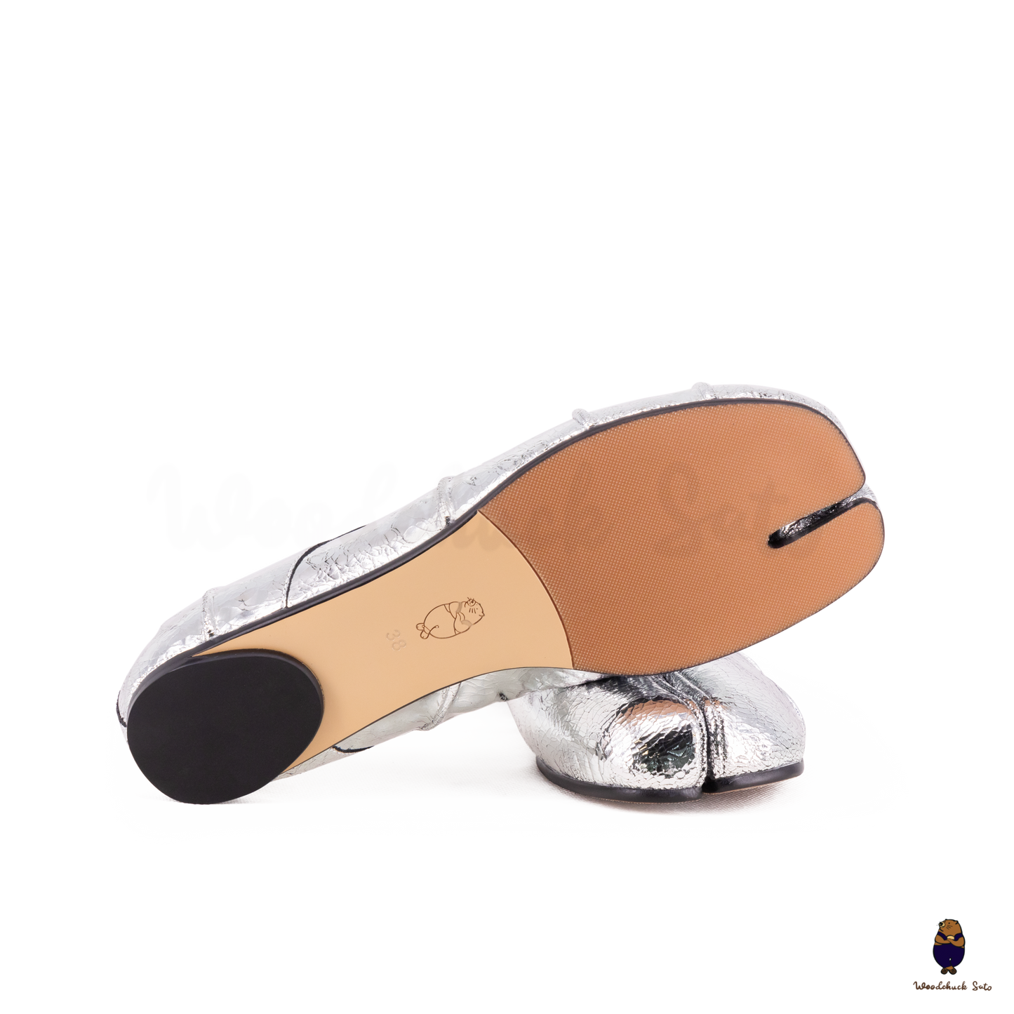 Bottom view of Classic Cracked Silver Fold Leather Tabi Split Toe Ballerina Ballet Flats