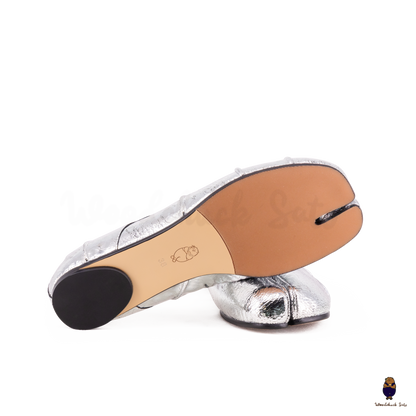 Bottom view of Classic Cracked Silver Fold Leather Tabi Split Toe Ballerina Ballet Flats