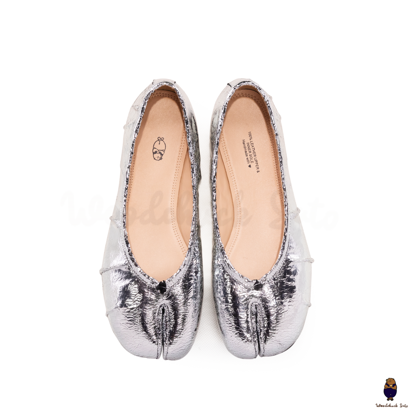 Top view of Classic Cracked Silver Fold Leather Tabi Split Toe Ballerina Ballet Flats
