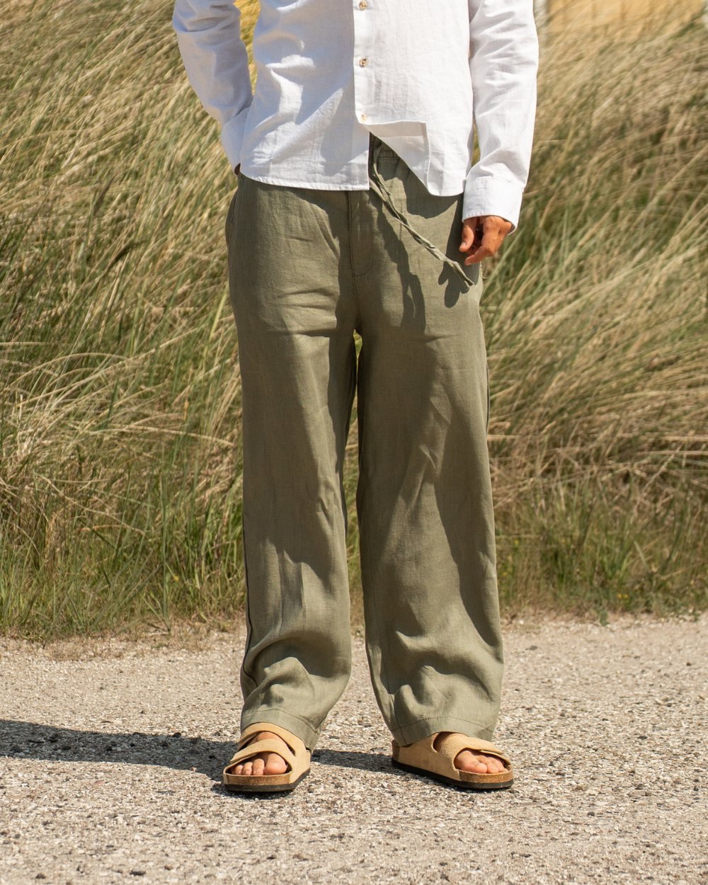 Baggy 100% hørbukser Army